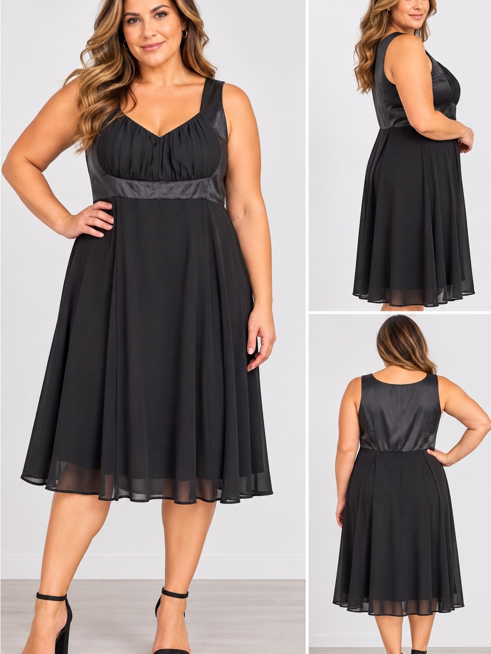 SUZY SHIER Black Satin & Chiffon Sleeveless A-Line Dress – Size Large